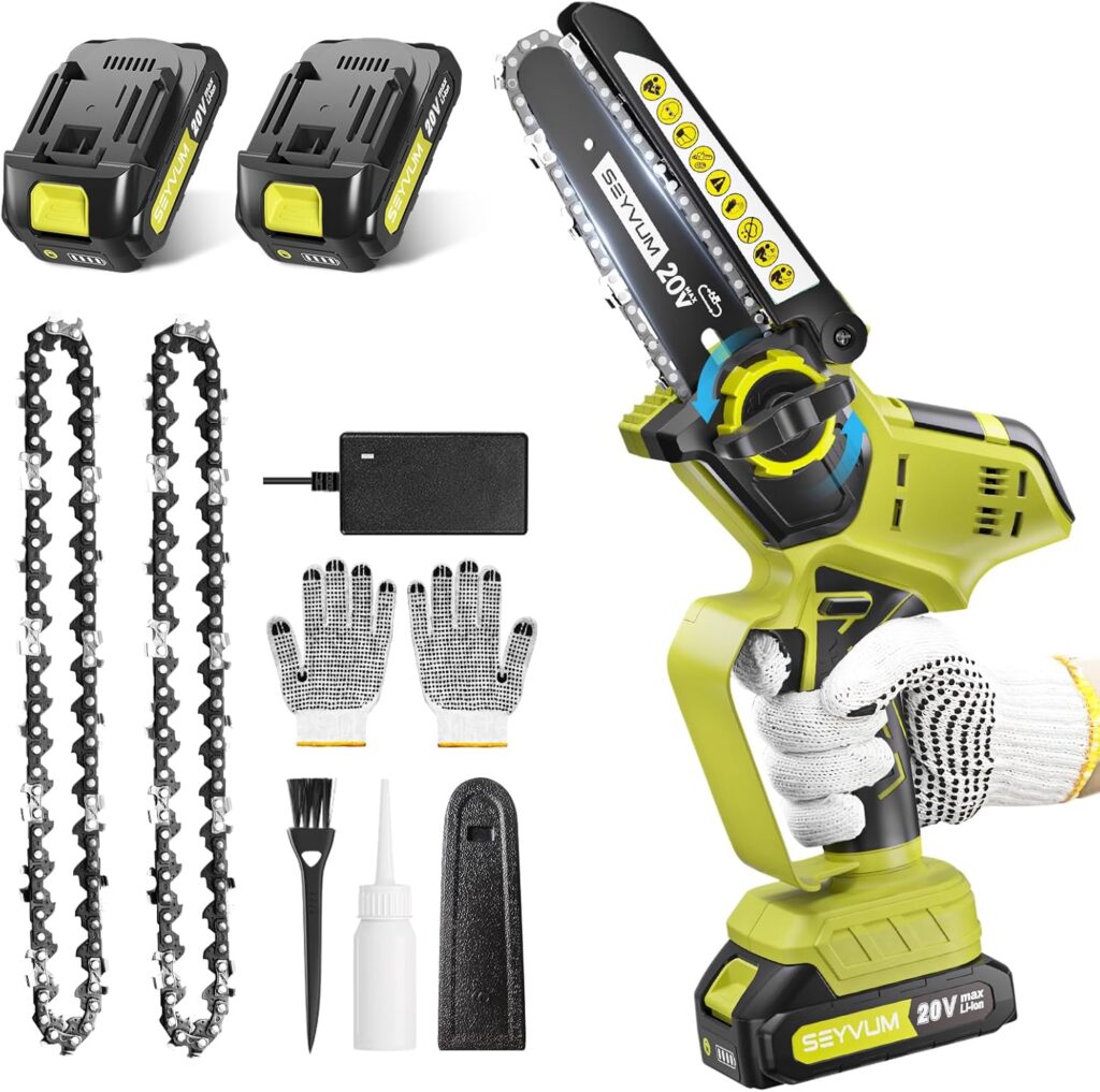 SEYVUM Mini Chainsaw Cordless 6 Inch, Portable Electric Cordless Chainsaw Tool-Free Installation[User Friendly], for Tree Trimming Branch Pruning Wood Cutting(2Pcs 2.0Ah Batteries 2 Steel Chains)