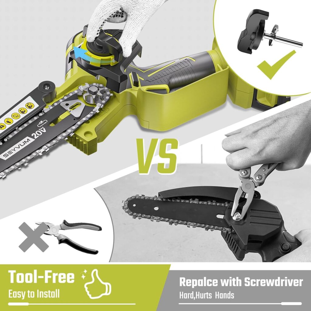 SEYVUM Mini Chainsaw Cordless 6 Inch, Portable Electric Cordless Chainsaw Tool-Free Installation[User Friendly], for Tree Trimming Branch Pruning Wood Cutting(2Pcs 2.0Ah Batteries 2 Steel Chains)